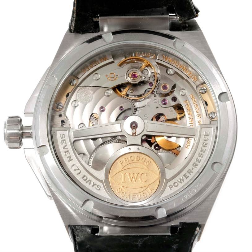 This image shows the back view of the IWC Ingenieur IW500501 Men
s Stainless Steel Black Dial IW500501 Men
s Stainless Steel Black Dial model watch, showcasing its intricate internal mechanics and winding rotor.