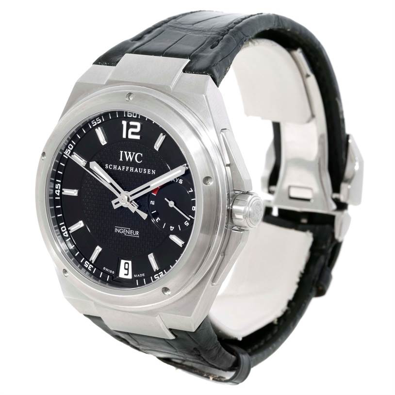 The image shows an IWC Ingenieur IW500501 Men
s Stainless Steel Black Dial IW500501 Men
s Stainless Steel Black Dial watch at a 3/4 angle, highlighting the dial, case, crown, and part of the band.