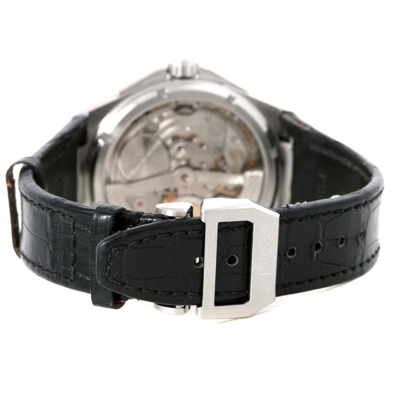 The image shows the back view of the IWC Ingenieur IW500501 Men
s Stainless Steel Black Dial IW500501 Men
s Stainless Steel Black Dial watch, highlighting the buckle and part of the leather strap.
