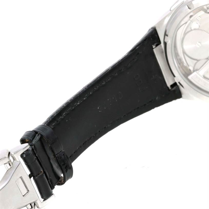 The image shows the black leather strap and part of the stainless steel case of an IWC Ingenieur IW500501 Men
s Stainless Steel Black Dial IW500501 Men
s Stainless Steel Black Dial watch.