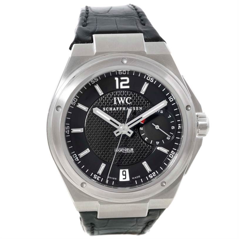 The image shows a front view of the IWC Ingenieur IW500501 Men
s Stainless Steel Black Dial IW500501 Men
s Stainless Steel Black Dial watch, displaying its face, bezel, and leather strap.