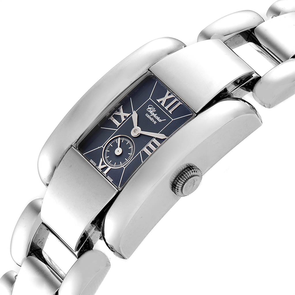 This image shows a close-up side angle of the Chopard 41-8380 Women's Stainless Steel Blue Dial 41-8380 Women's Stainless Steel Blue Dial La Strada Stainless Steel Women's Watch 41-8380, highlighting the dial and bracelet.