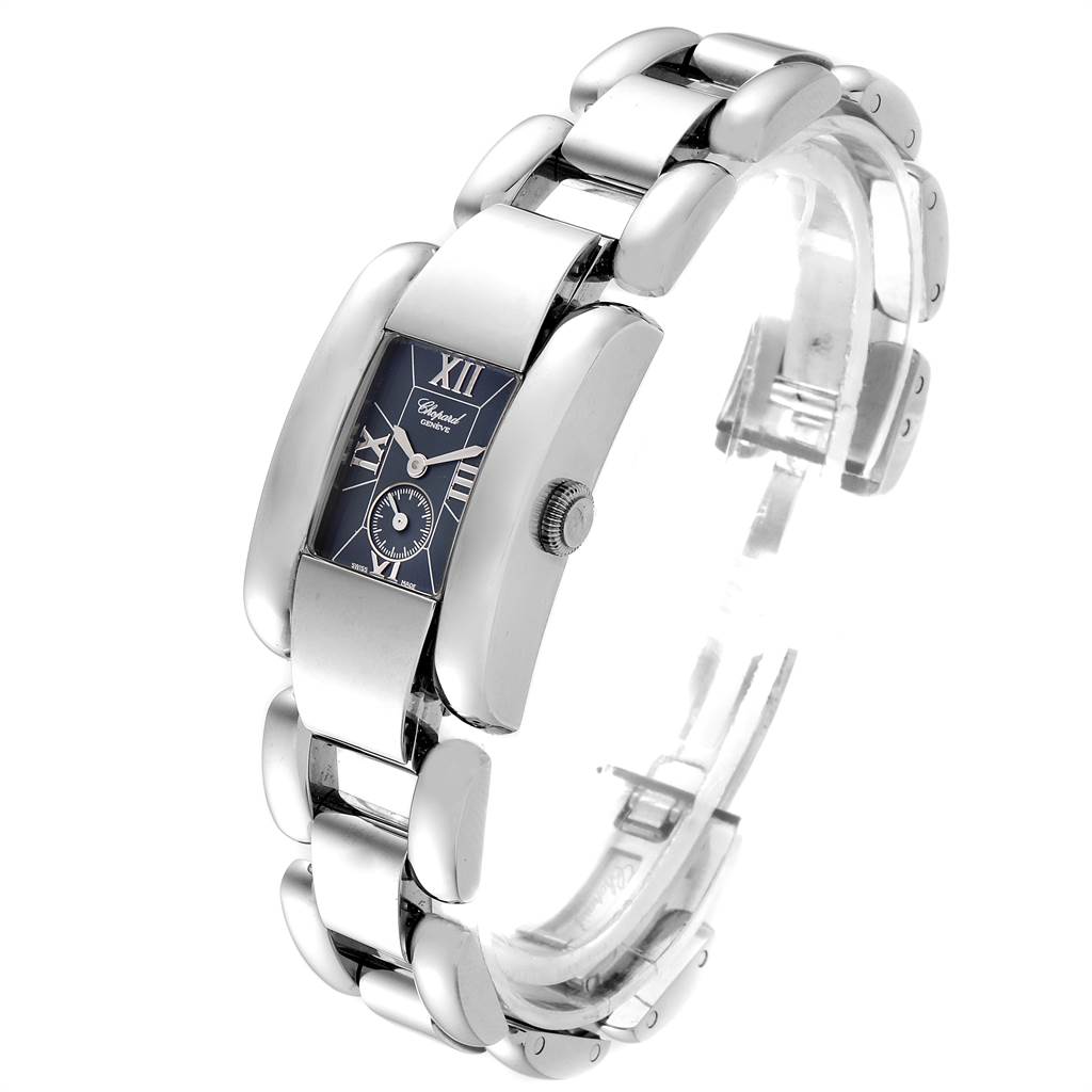 This image shows a La Strada Stainless Steel Womens Watch model 41-8380 by Chopard 41-8380 Women's Stainless Steel Blue Dial 41-8380 Women's Stainless Steel Blue Dial from a front-side angle, showcasing its dial and bracelet.