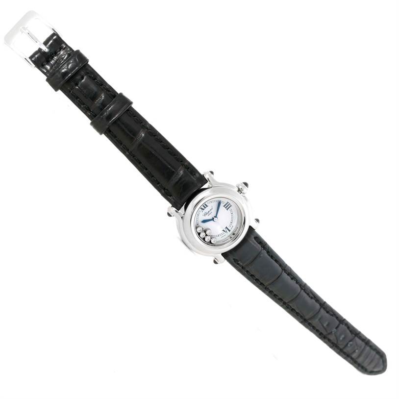 The watch is shown from a top-down angle, displaying the face, case, and strap of the Chopard 27/8245-23 Women's Stainless Steel White Dial 27/8245-23 Women's Stainless Steel White Dial Happy Sport 27/8245-23 model.