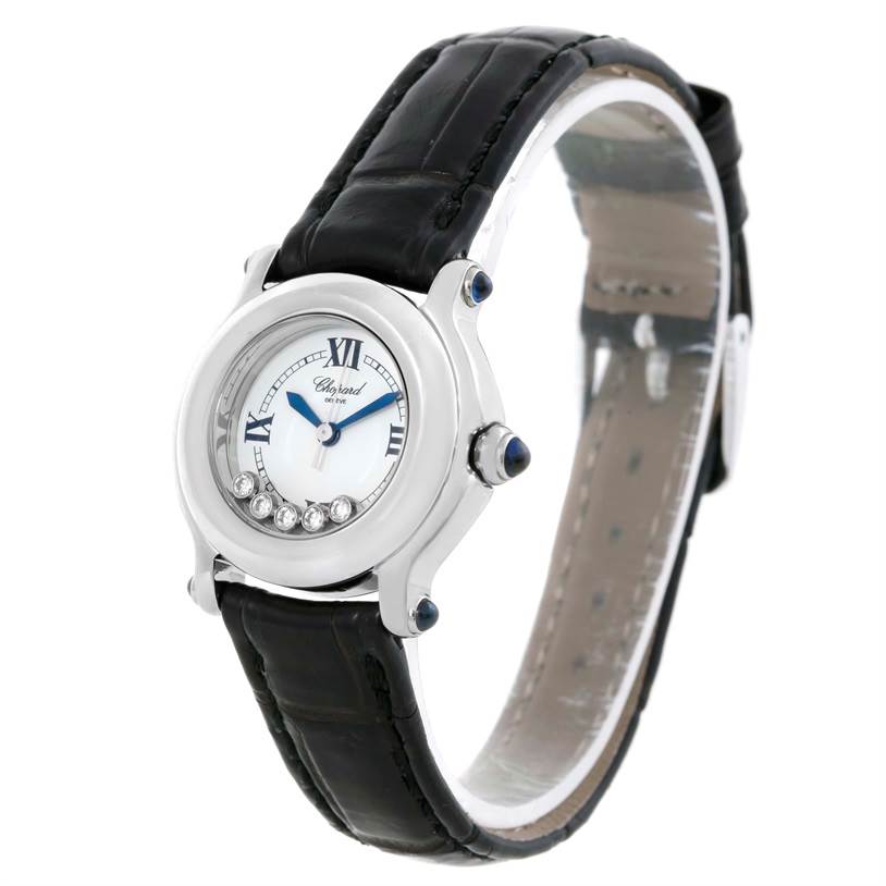 The Chopard 27/8245-23 Women's Stainless Steel White Dial 27/8245-23 Women's Stainless Steel White Dial Happy Sport White Dial Floating Diamond Watch 27/8245-23 is shown at an angle highlighting its face, strap, and side profile.