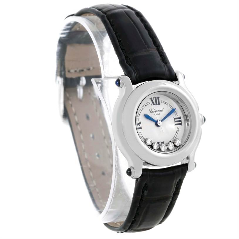 The image shows a Chopard 27/8245-23 Women's Stainless Steel White Dial 27/8245-23 Women's Stainless Steel White Dial Happy Sport White Dial Floating Diamond Watch 27/8245-23 from a front-left angle, highlighting the dial, case, and black leather strap.