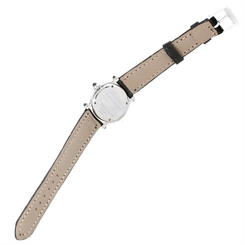 The image shows the back view of a Chopard 27/8245-23 Women's Stainless Steel White Dial 27/8245-23 Women's Stainless Steel White Dial Happy Sport White Dial Floating Diamond Watch model 27/8245-23, including its leather strap and clasp.