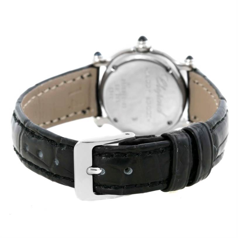 The image shows the backside and strap of a Chopard 27/8245-23 Women's Stainless Steel White Dial 27/8245-23 Women's Stainless Steel White Dial Happy Sport White Dial Floating Diamond Watch 27/8245-23 model.