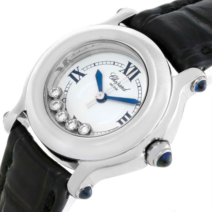 The image shows a close-up, angled view of a Chopard 27/8245-23 Women's Stainless Steel White Dial 27/8245-23 Women's Stainless Steel White Dial Happy Sport White Dial Floating Diamond Watch 27/8245-23, highlighting the dial, diamonds, and strap.