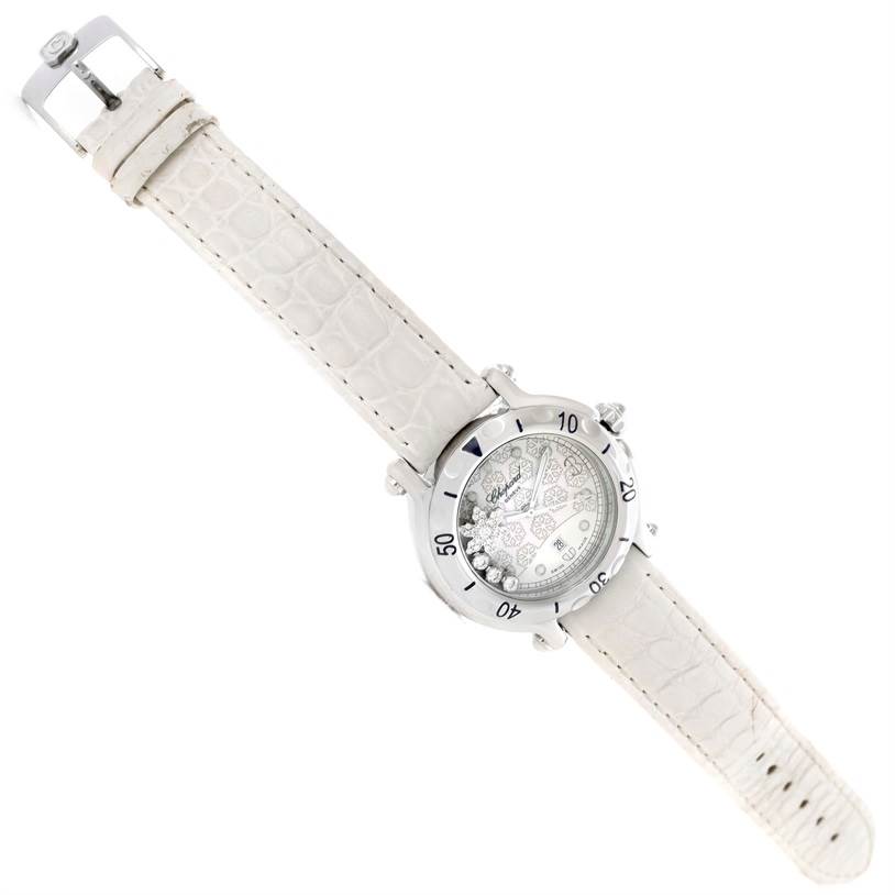 The image shows a top-down view of the Chopard 278949-3001 Women's Stainless Steel White Dial 278949-3001 Women's Stainless Steel White Dial Happy Sport Snowflake Floating Diamond Watch 278949-3001 model, highlighting the face and strap.