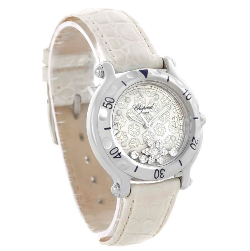 This image shows the Chopard 278949-3001 Women's Stainless Steel White Dial 278949-3001 Women's Stainless Steel White Dial Happy Sport Snowflake Floating Diamond Watch 278949-3001 at a slight side angle, revealing the face, bezel, and strap.