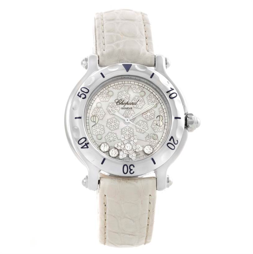 The image shows a front view of the Chopard 278949-3001 Women's Stainless Steel White Dial 278949-3001 Women's Stainless Steel White Dial Happy Sport Snowflake Floating Diamond Watch 278949-3001 model, displaying the dial and strap.