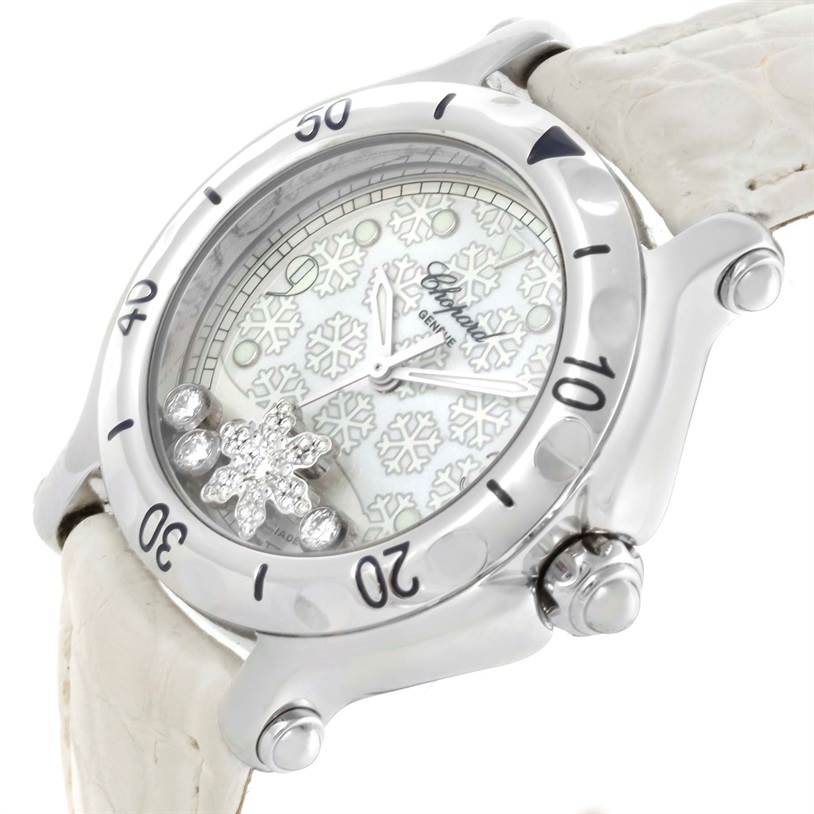 The image shows a close-up of the Chopard 278949-3001 Women's Stainless Steel White Dial 278949-3001 Women's Stainless Steel White Dial Happy Sport Snowflake Floating Diamond Watch 278949-3001, highlighting the dial, bezel, and strap.