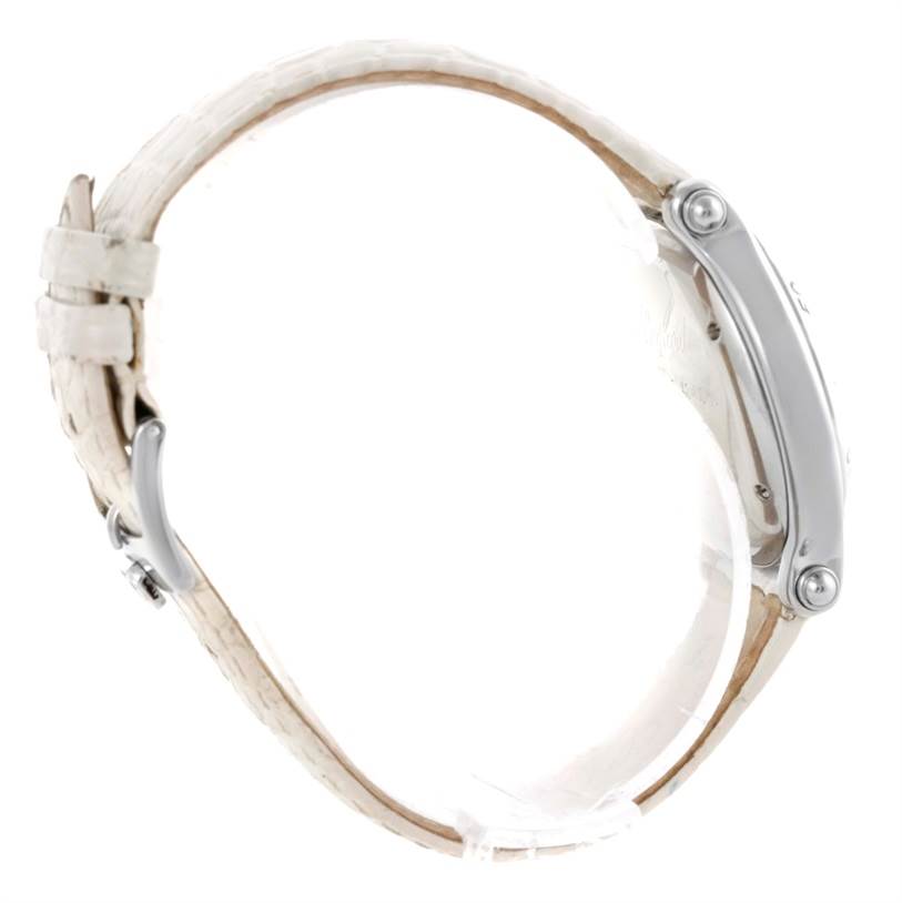This side-angle view of the Chopard 278949-3001 Women's Stainless Steel White Dial 278949-3001 Women's Stainless Steel White Dial Happy Sport Snowflake Floating Diamond Watch 278949-3001 shows the band, buckle, and case side.