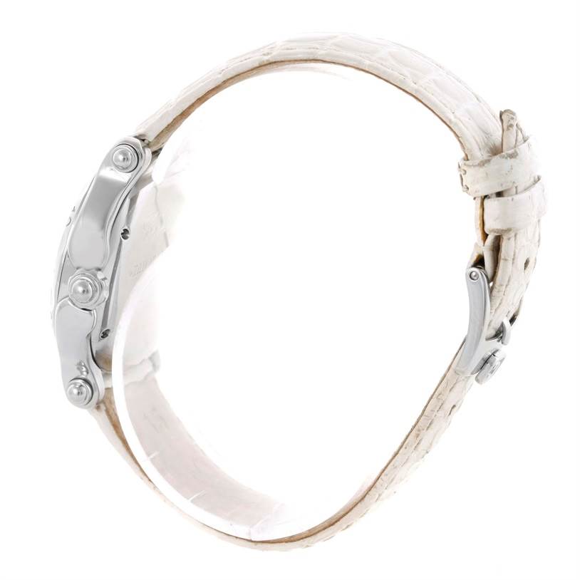 This image shows a side view of the Chopard 278949-3001 Women's Stainless Steel White Dial 278949-3001 Women's Stainless Steel White Dial Happy Sport Snowflake Floating Diamond Watch 278949-3001 displaying the case and white strap.