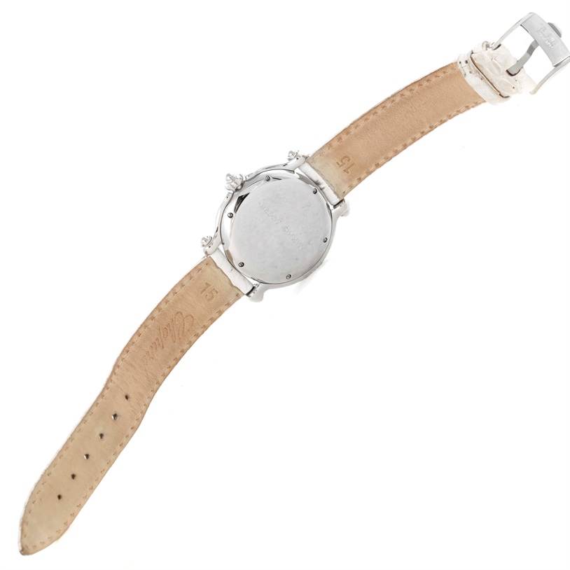 The image shows the back and full leather strap of the Chopard 278949-3001 Women's Stainless Steel White Dial 278949-3001 Women's Stainless Steel White Dial Happy Sport Snowflake Floating Diamond Watch model 278949-3001.