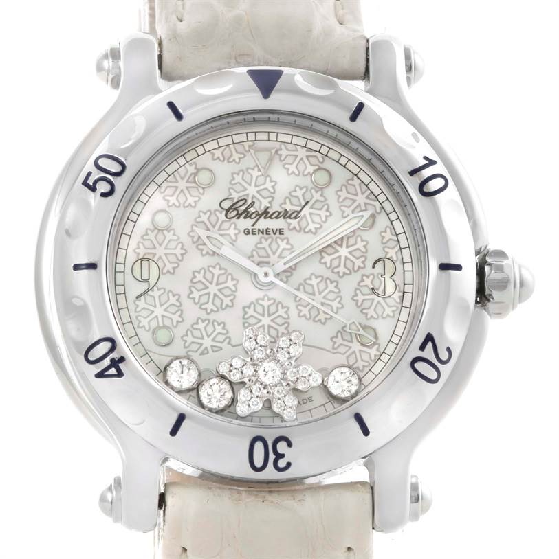 The image shows a front view of the Chopard 278949-3001 Women's Stainless Steel White Dial 278949-3001 Women's Stainless Steel White Dial Happy Sport Snowflake Floating Diamond Watch 278949-3001 model, highlighting the dial and bezel.
