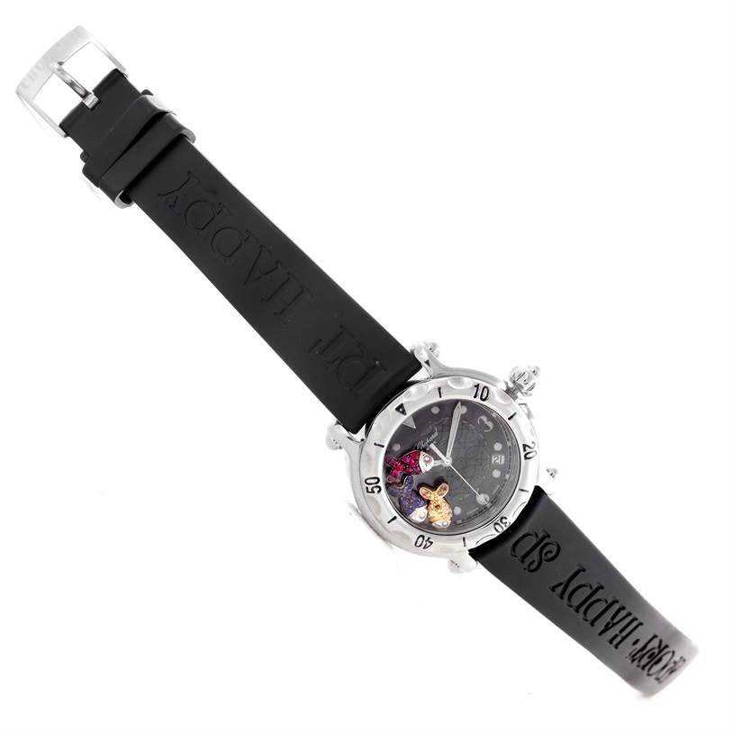 The image shows a top view of the Chopard 288347 Women's Stainless Steel Blue Dial 288347 Women's Stainless Steel Blue Dial Happy Beach Floating Rubi Sapphire Rubber Fish Watch 288347 model, highlighting the face, case, and rubber strap.