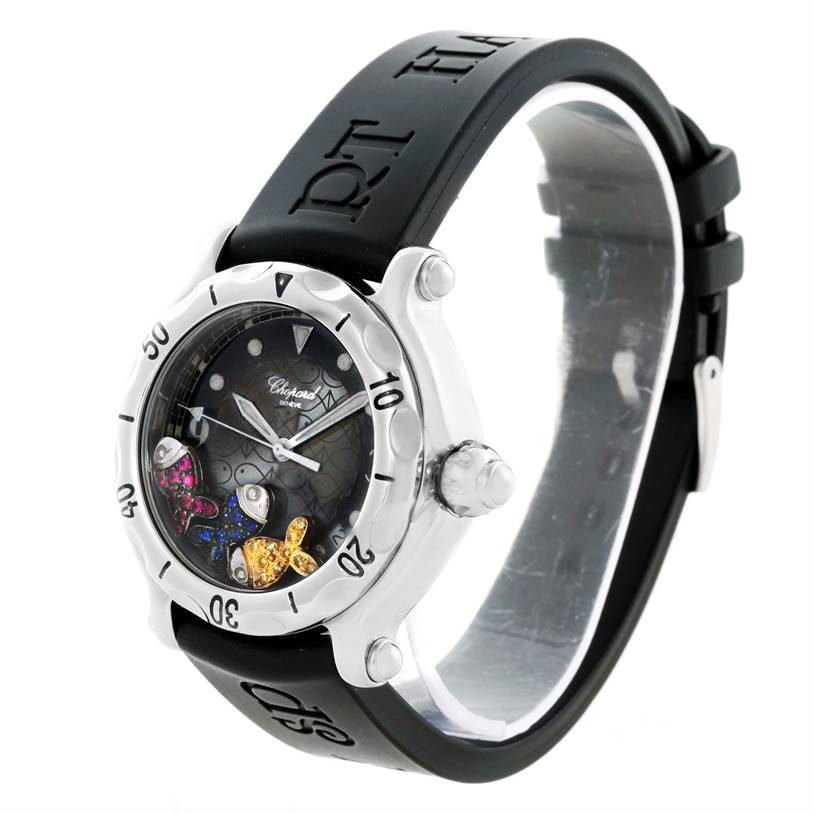 The Chopard 288347 Women's Stainless Steel Blue Dial 288347 Women's Stainless Steel Blue Dial Happy Beach Floating Rubi Sapphire Rubber Fish Watch 288347 is shown at an angle displaying the face, bezel, crown, and rubber strap.