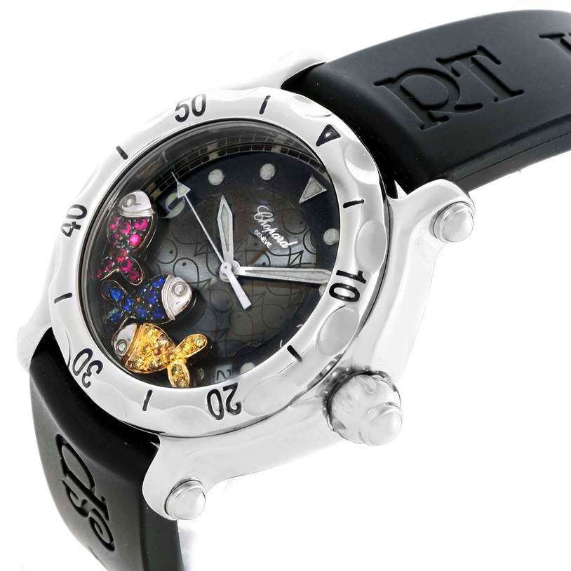 The image shows a front and slightly angled side view of the Chopard 288347 Women's Stainless Steel Blue Dial 288347 Women's Stainless Steel Blue Dial Happy Beach Floating Rubi Sapphire Rubber Fish Watch 288347 model.