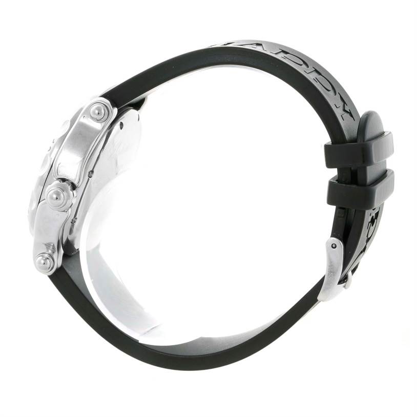 The Chopard 288347 Women's Stainless Steel Blue Dial 288347 Women's Stainless Steel Blue Dial Happy Beach Floating Ruby Sapphire Rubber Fish Watch 288347 is shown from the side, highlighting the case and black rubber strap.