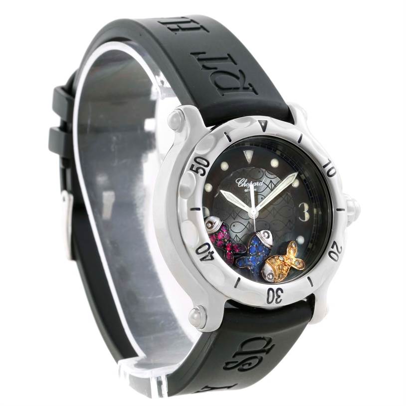 The Chopard 288347 Women's Stainless Steel Blue Dial 288347 Women's Stainless Steel Blue Dial Happy Beach Floating Rubi Sapphire Rubber Fish Watch 288347 model is shown at an oblique angle highlighting its black strap and dial.