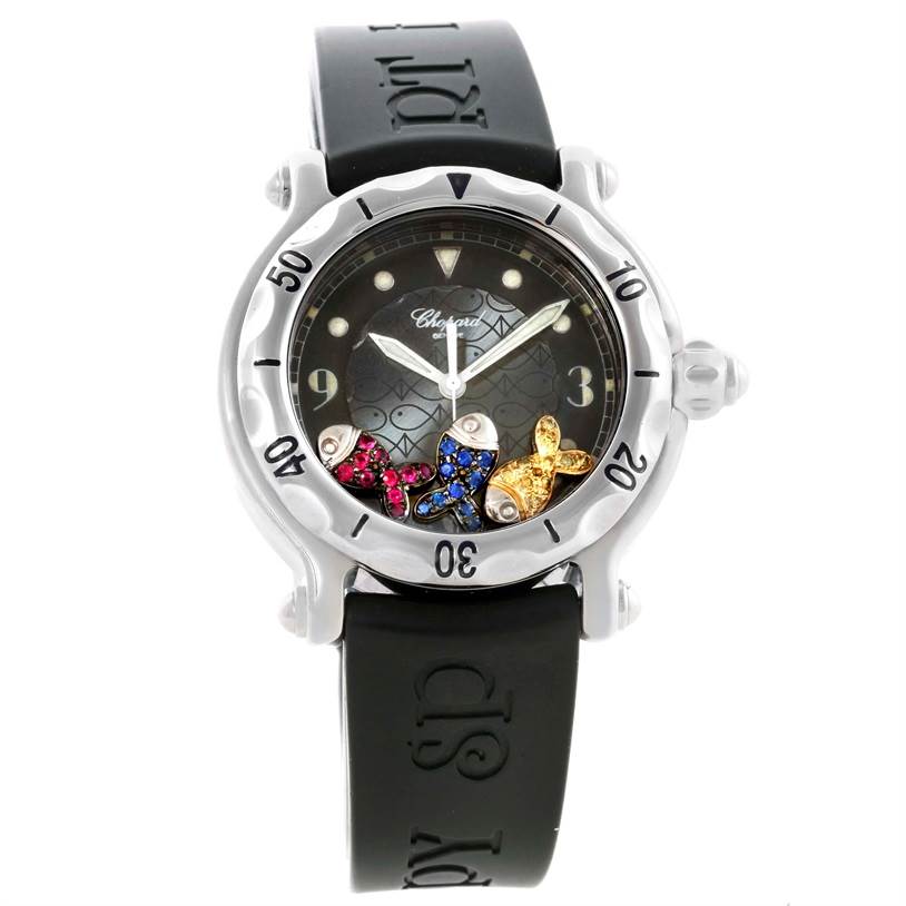 The Chopard 288347 Women's Stainless Steel Blue Dial 288347 Women's Stainless Steel Blue Dial Happy Beach Floating Rubi Sapphire Rubber Fish Watch 288347 model is shown from a front angle, featuring its face and band.