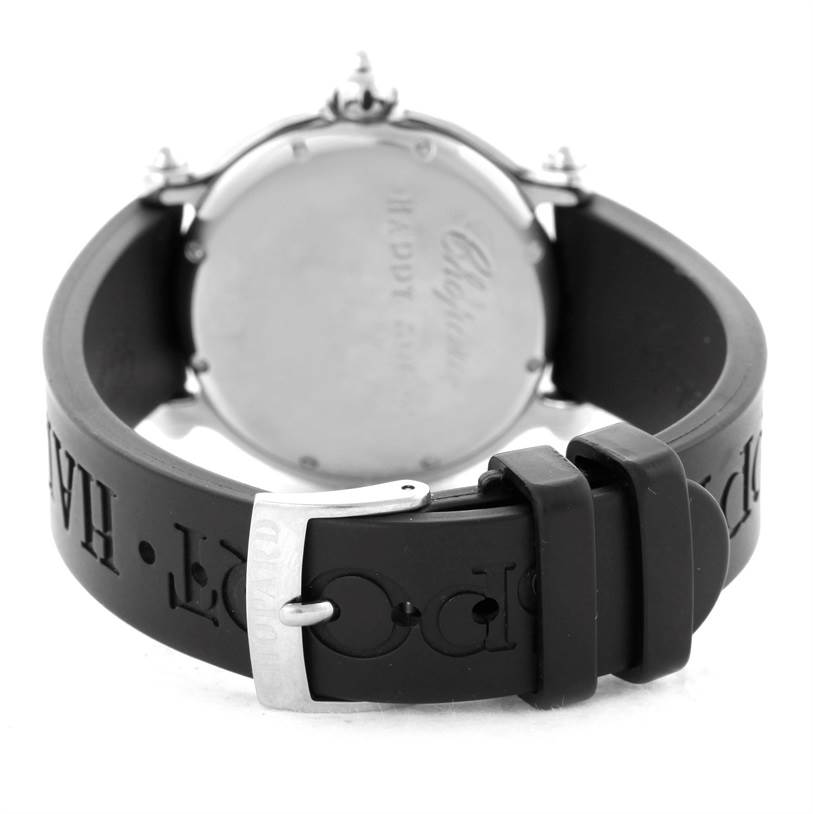 The image shows the back view of the Chopard 288347 Women's Stainless Steel Blue Dial 288347 Women's Stainless Steel Blue Dial Happy Beach Floating Rubi Sapphire Rubber Fish Watch 288347, including the case back and black rubber strap.