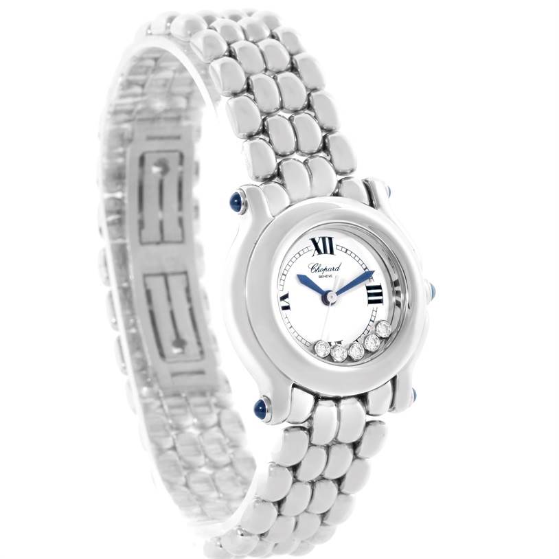 The image shows Chopard 27/8250-23 Women
s Stainless Steel White Dial 27/8250-23 Women
s Stainless Steel White Dial
s Happy Sport White Dial 5 Floating Diamonds Watch 27/8250-23 model from an angled side view.