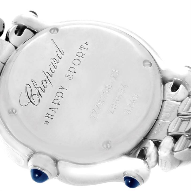 The image shows the back case and partial bracelet of the Chopard 27/8250-23 Women
s Stainless Steel White Dial 27/8250-23 Women
s Stainless Steel White Dial Happy Sport White Dial 5 Floating Diamonds Watch 27/8250-23 model.