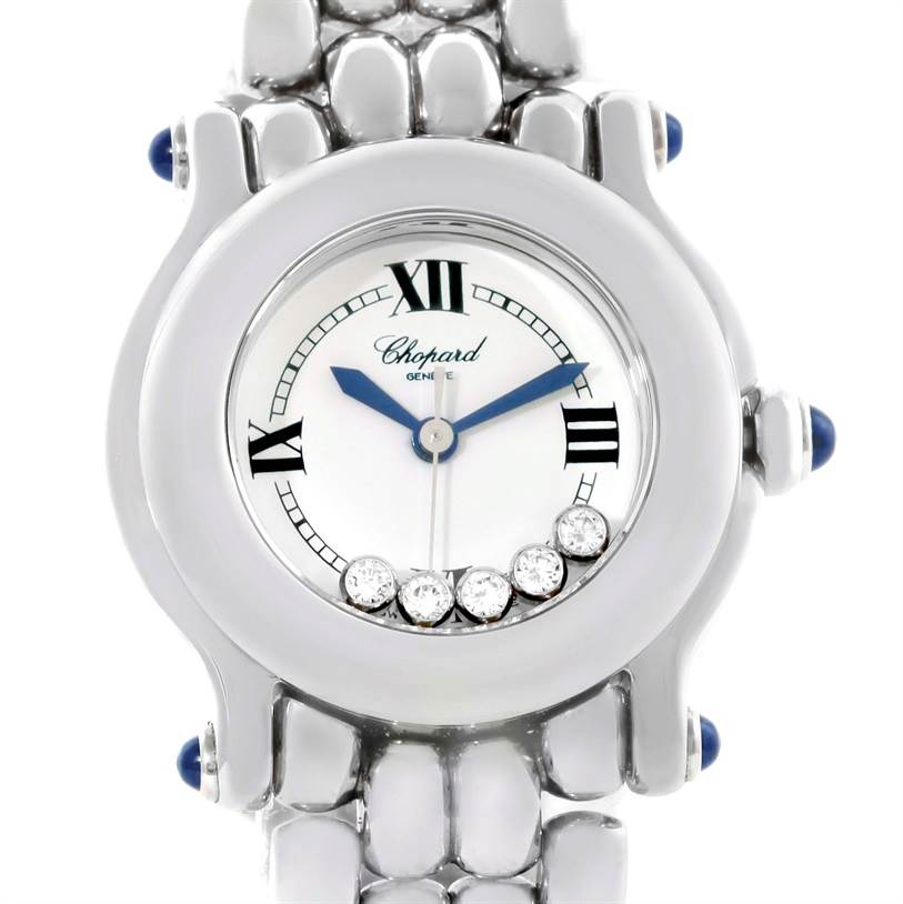 This image shows a frontal view of the Chopard 27/8250-23 Women
s Stainless Steel White Dial 27/8250-23 Women
s Stainless Steel White Dial Happy Sport 27/8250-23 watch
s face, bezel, and part of the bracelet.