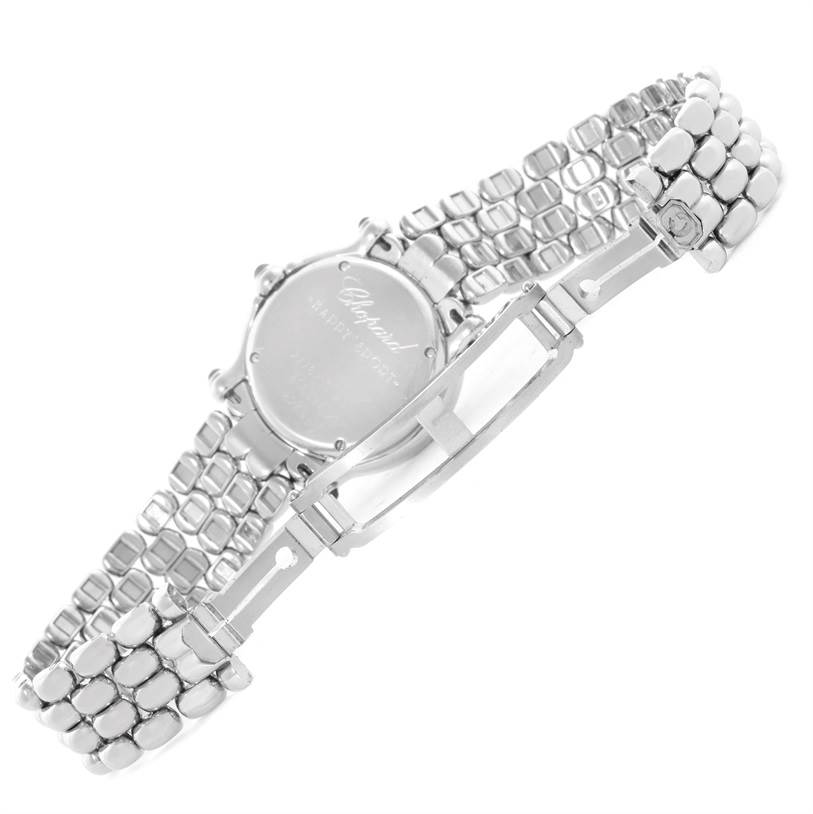 The image shows the back view and bracelet clasp of a Chopard 27/8250-23 Women
s Stainless Steel White Dial 27/8250-23 Women
s Stainless Steel White Dial Happy Sport 27/8250-23 model watch.