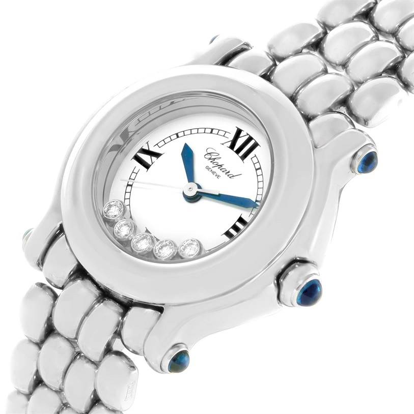 The image shows a close-up angled view of the Chopard 27/8250-23 Women
s Stainless Steel White Dial 27/8250-23 Women
s Stainless Steel White Dial Happy Sport 27/8250-23 watch
s white dial, floating diamonds, and part of the band.