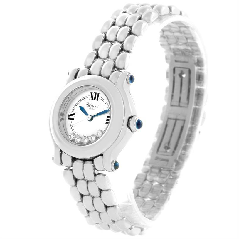 This image shows a front and slight side view of the Chopard 27/8250-23 Women
s Stainless Steel White Dial 27/8250-23 Women
s Stainless Steel White Dial Happy Sport White Dial 5 Floating Diamonds Watch, model 27/8250-23.