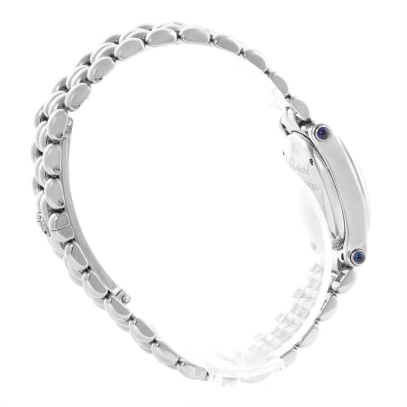 The image shows a side view of the Chopard 27/8250-23 Women
s Stainless Steel White Dial 27/8250-23 Women
s Stainless Steel White Dial Happy Sport White Dial 5 Floating Diamonds Watch 27/8250-23, highlighting the band and side case.