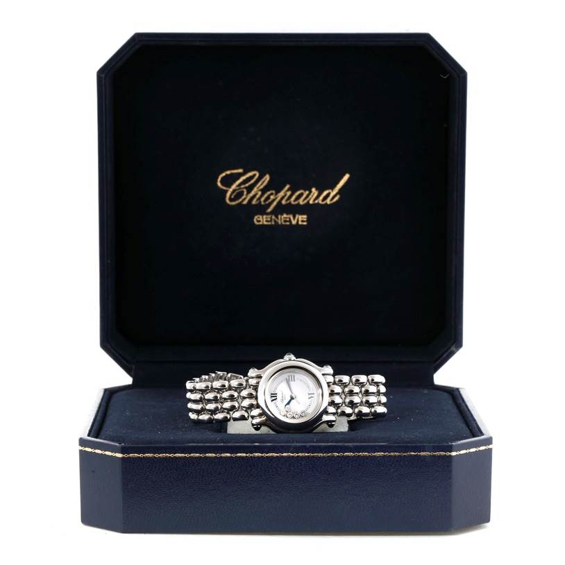 The Chopard 27/8250-23 Women
s Stainless Steel White Dial 27/8250-23 Women
s Stainless Steel White Dial Happy Sport White Dial 5 Floating Diamonds Watch 27/8250-23 is displayed face-up in an open watch box.