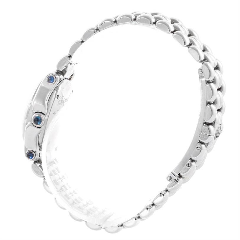 This image shows the side view of the Chopard 27/8250-23 Women
s Stainless Steel White Dial 27/8250-23 Women
s Stainless Steel White Dial Happy Sport White Dial 5 Floating Diamonds Watch 27/8250-23, focusing on the band and case.