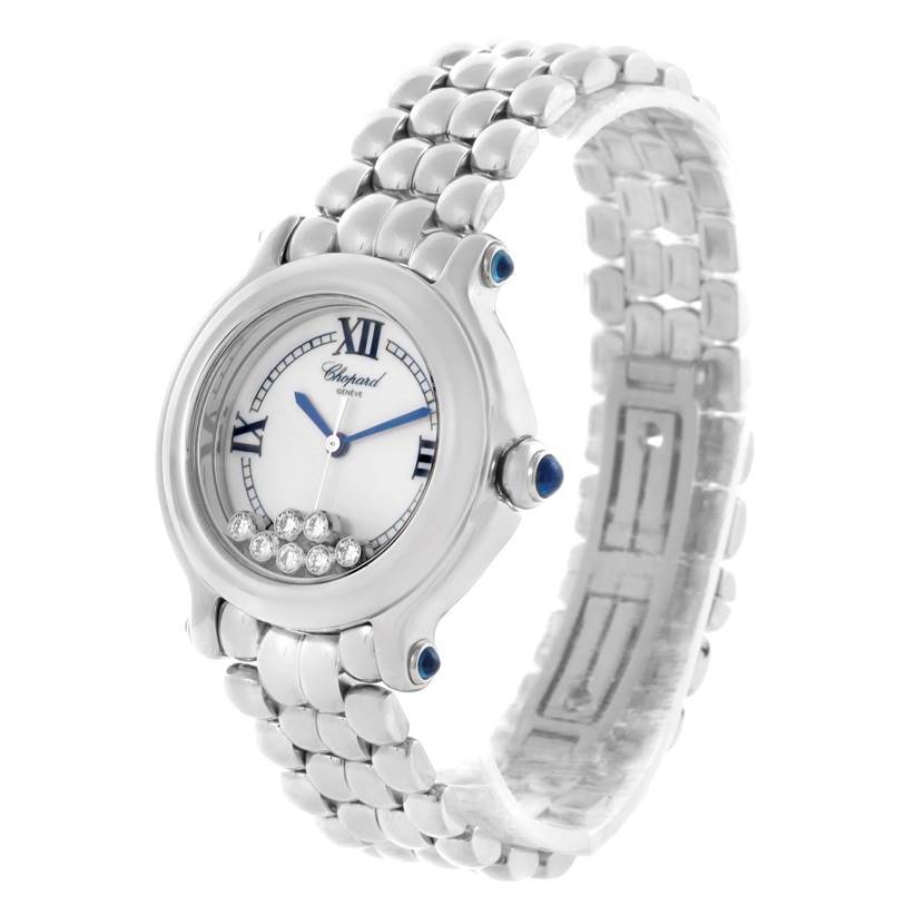 This image features a Chopard 278236-3005 Women's Stainless Steel White Dial 278236-3005 Women's Stainless Steel White Dial Happy Sport 278236-3005 watch from an angled view, displaying the dial, bracelet, and floating diamonds.