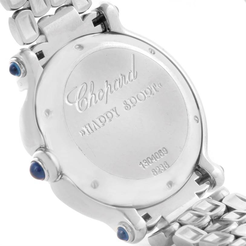 The image shows the back casing and part of the bracelet of the Chopard 278236-3005 Women's Stainless Steel White Dial 278236-3005 Women's Stainless Steel White Dial Happy Sport White Dial Floating Diamond Watch model 278236-3005.