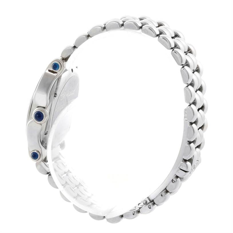 The image shows a side view of the Chopard 278236-3005 Women's Stainless Steel White Dial 278236-3005 Women's Stainless Steel White Dial Happy Sport White Dial Floating Diamond Watch 278236-3005, focusing on its bracelet and crown area.
