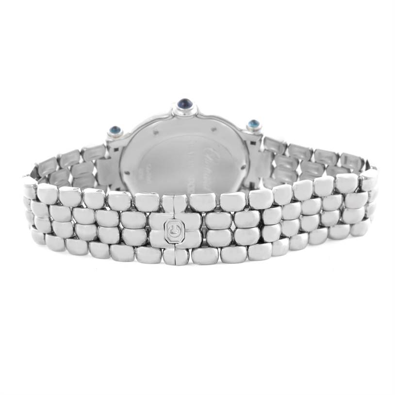 This is the backside view of a Chopard 278236-3005 Women's Stainless Steel White Dial 278236-3005 Women's Stainless Steel White Dial Happy Sport White Dial Floating Diamond Watch 278236-3005, showing the bracelet and case back.