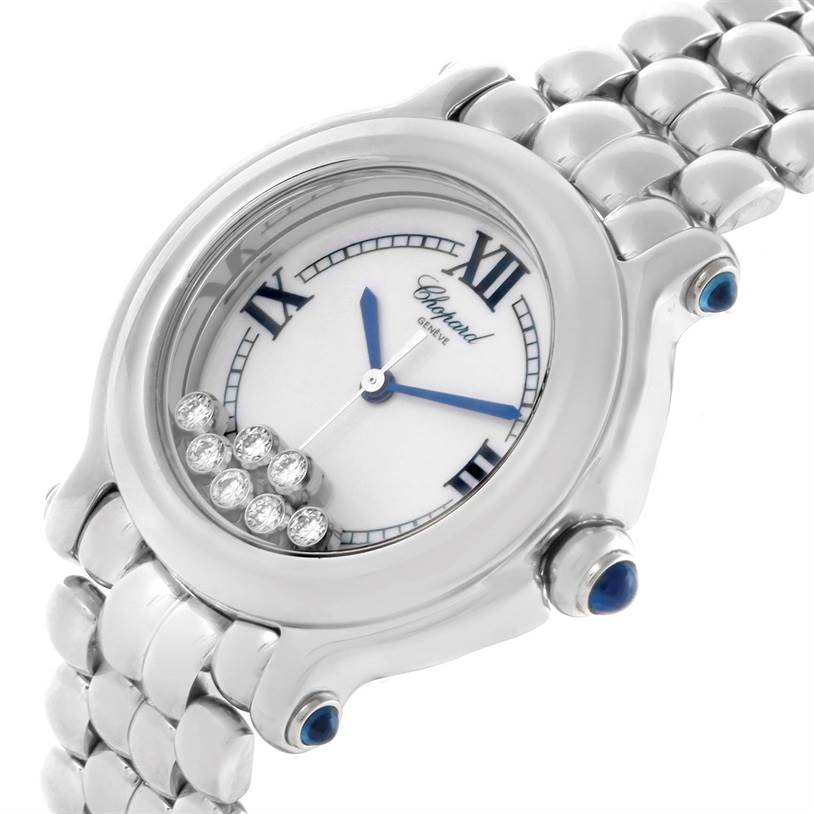 The Chopard 278236-3005 Women's Stainless Steel White Dial 278236-3005 Women's Stainless Steel White Dial Happy Sport 278236-3005 watch is shown at a slight angle, highlighting its white dial, floating diamonds, and matching bracelet.