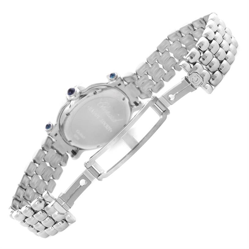 The image shows the back and bracelet of the Chopard 278236-3005 Women's Stainless Steel White Dial 278236-3005 Women's Stainless Steel White Dial Happy Sport White Dial Floating Diamond Watch model 278236-3005.