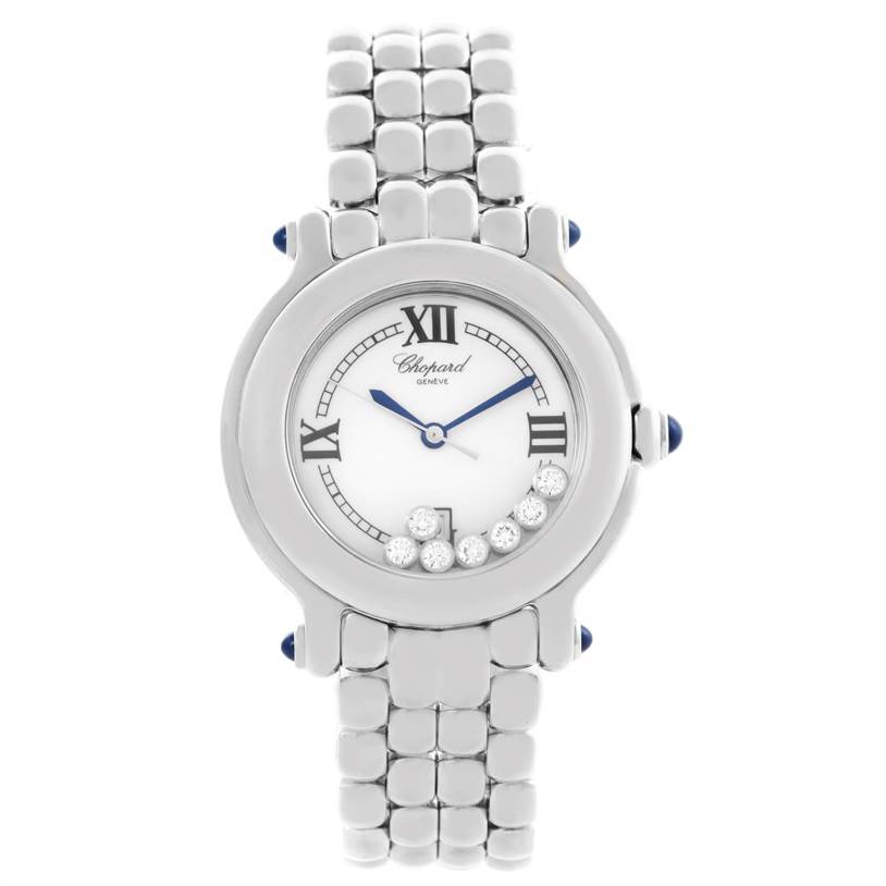 The image displays a front view of the Chopard 278236-3005 Women's Stainless Steel White Dial 278236-3005 Women's Stainless Steel White Dial Happy Sport White Dial Floating Diamond Watch (model 278236-3005).
