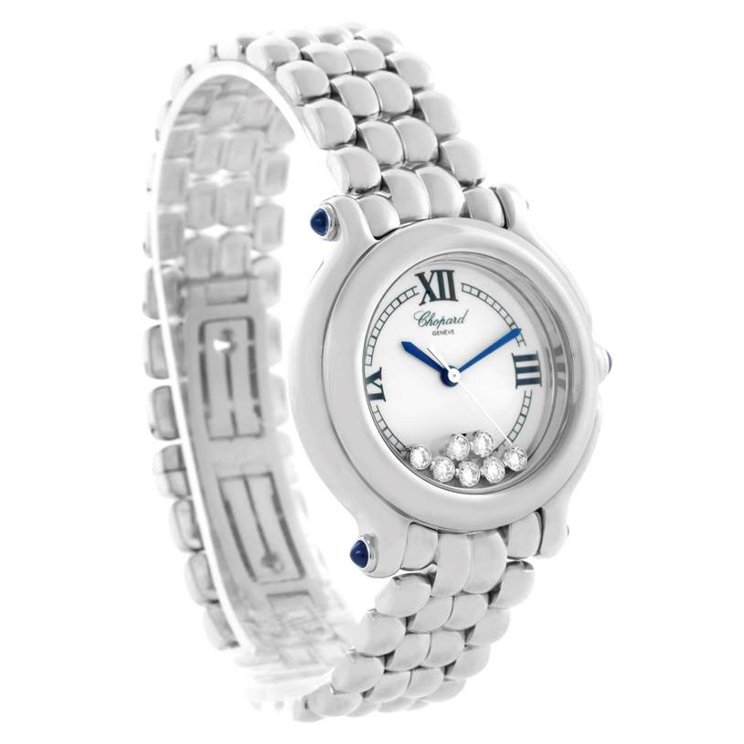 The image shows a Chopard 278236-3005 Women's Stainless Steel White Dial 278236-3005 Women's Stainless Steel White Dial Happy Sport 278236-3005 model watch from a 3/4 angle, highlighting its white dial and floating diamonds.