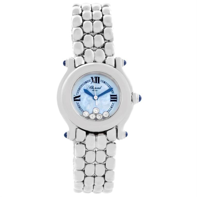 The image shows a top-down view of the Chopard 27/8250-23 Women's Stainless Steel Mother of Pearl Dial 27/8250-23 Women's Stainless Steel Mother of Pearl Dial Happy Sport Bleu Dial 5 Floating Diamonds Watch 27/8250-23, with its silver strap and blue dial.