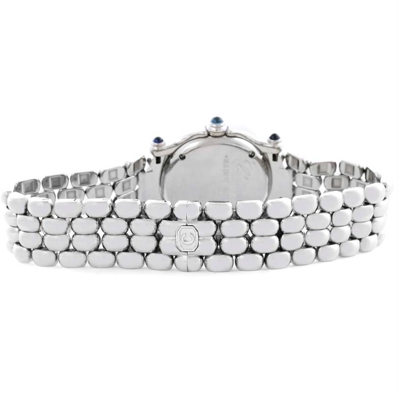 The image shows the back view of the Chopard 27/8250-23 Women's Stainless Steel Mother of Pearl Dial 27/8250-23 Women's Stainless Steel Mother of Pearl Dial Happy Sport Bleu Dial 5 Floating Diamonds Watch 27/8250-23, highlighting its band and caseback.