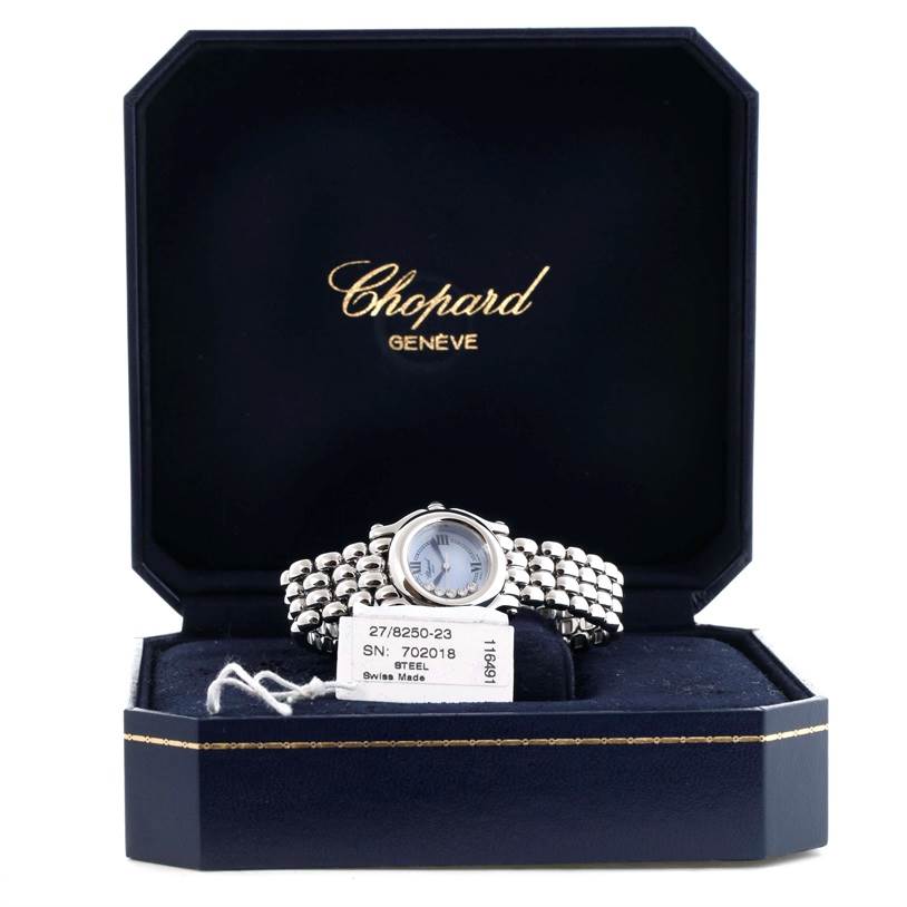 The Chopard 27/8250-23 Women's Stainless Steel Mother of Pearl Dial 27/8250-23 Women's Stainless Steel Mother of Pearl Dial Happy Sport Bleu Dial 5 Floating Diamonds Watch 27/8250-23 is shown front-on in its open display box.