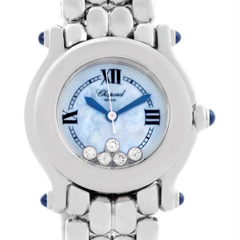 The image shows a front view of the Chopard 27/8250-23 Women's Stainless Steel Mother of Pearl Dial 27/8250-23 Women's Stainless Steel Mother of Pearl Dial Happy Sport Bleu Dial 5 Floating Diamonds Watch 27/8250-23, displaying the dial and partial bracelet.