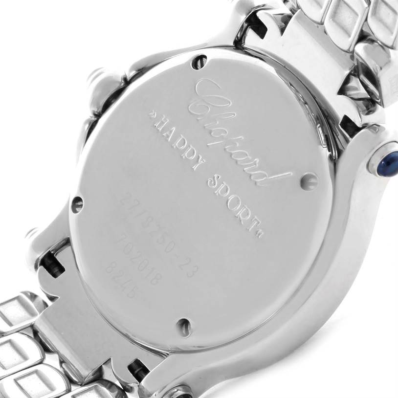 The image shows the back case and part of the bracelet of the Chopard 27/8250-23 Women's Stainless Steel Mother of Pearl Dial 27/8250-23 Women's Stainless Steel Mother of Pearl Dial Happy Sport Bleu Dial 5 Floating Diamonds Watch 27/8250-23 model.